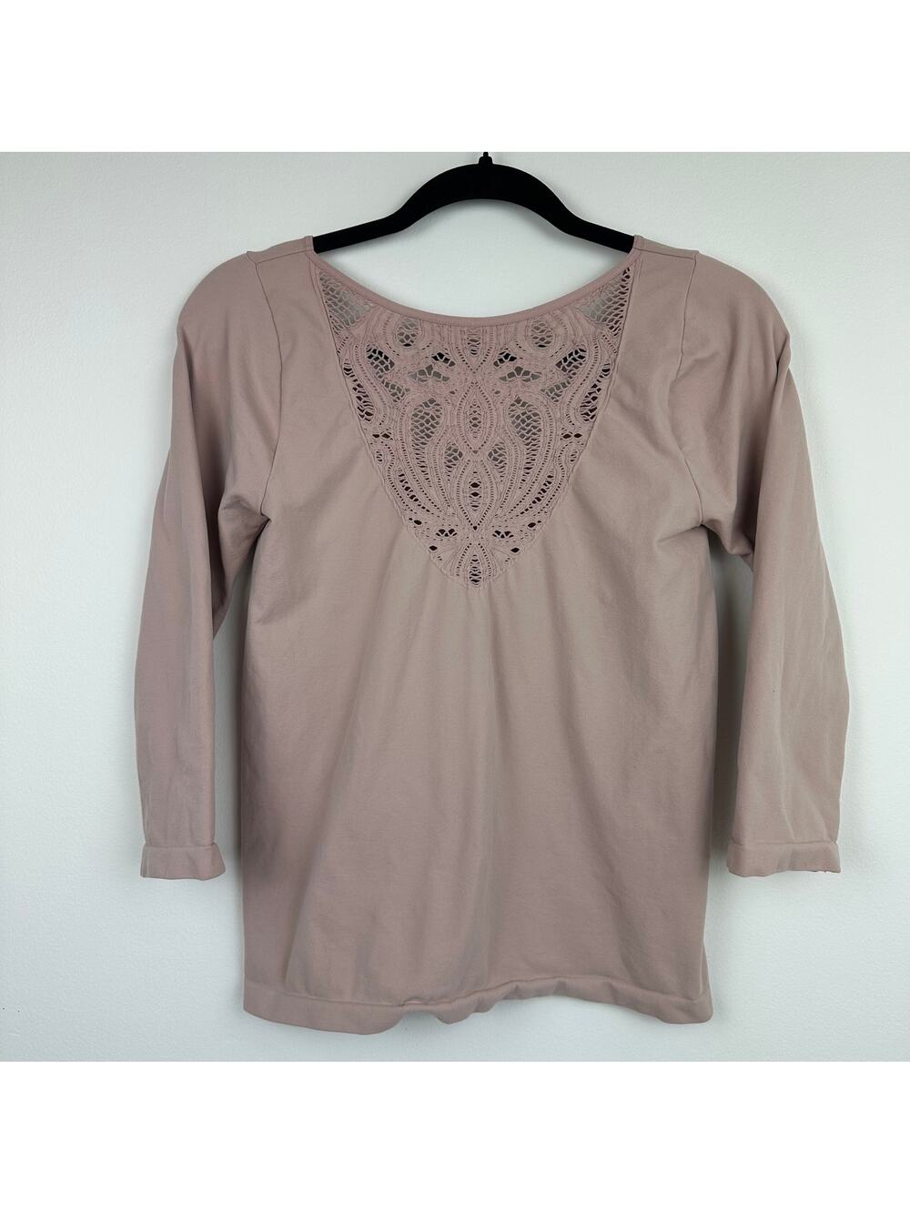 Free People Intimately Womens 3/4 Sleeve Lace Inset Stretch Blush Top Blouse M/L